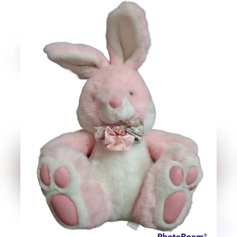Vintage Cuddle Wit Pink bunny plush with floral bow tie 14 Inches